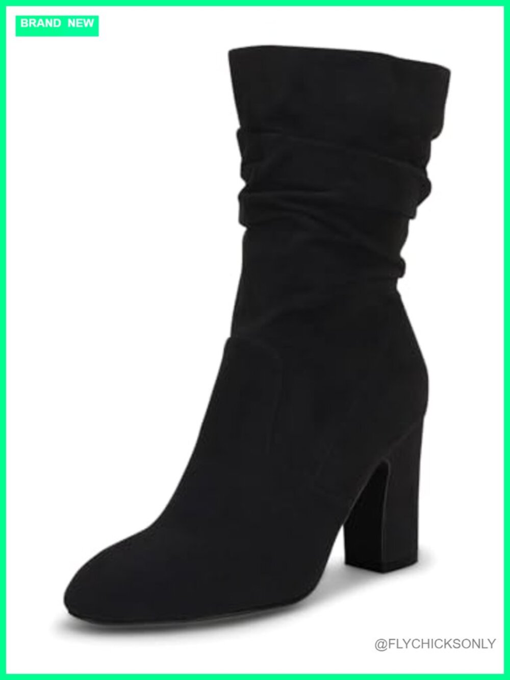 Coutgo Mid Calf Slouchy Boots Suede High Heel Zip Stacked Chunky Block Round Toe